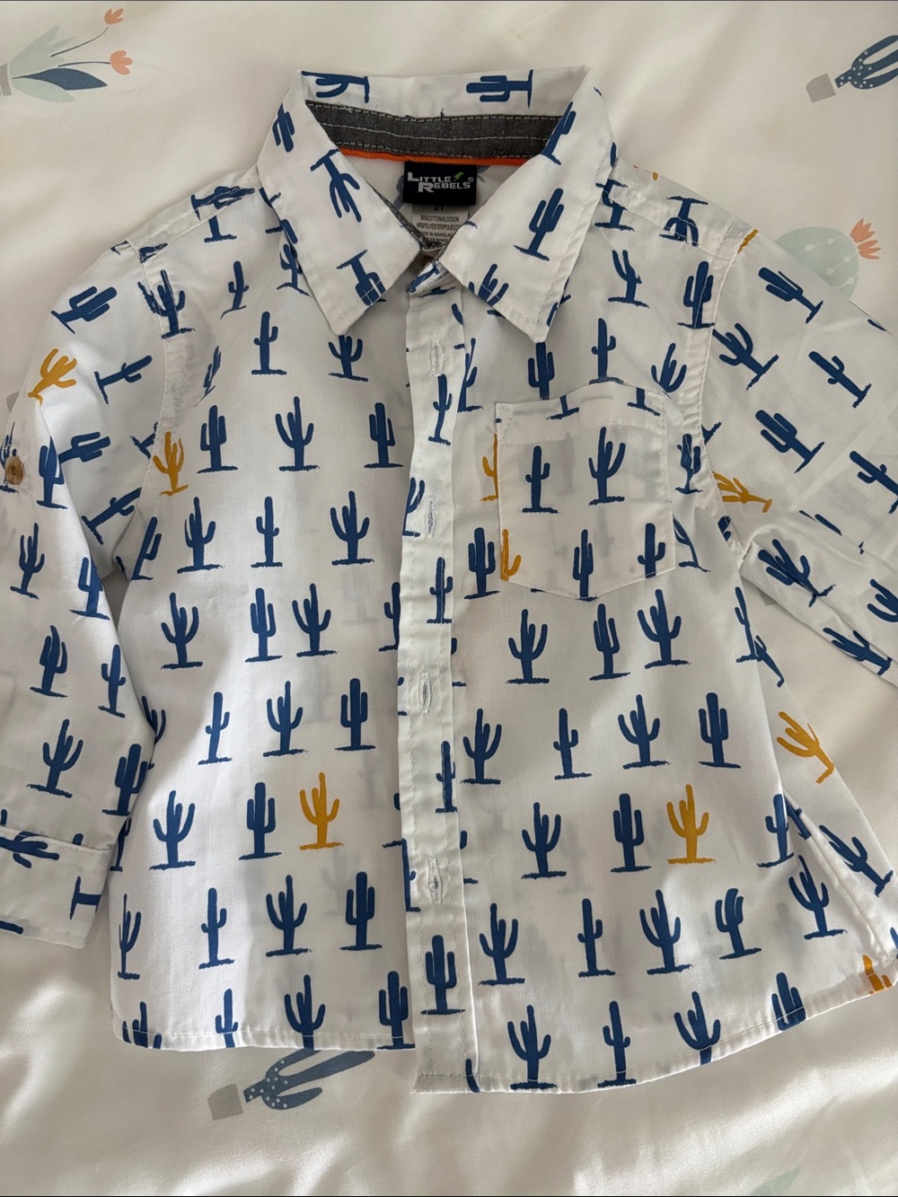 Boys White Button-Down Shirt with Blue & Mustard Cactus Print